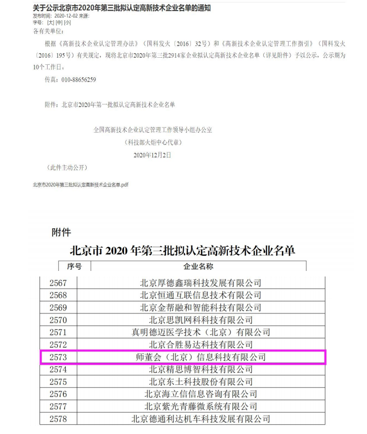 师董会（北京）信息科技有限公司荣获“国高新技术企业”认定